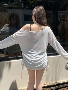 DAZY 女款純色單肩長袖側抽繩休閒性感T恤，適合日常穿搭、外出、夜生活、約會，白色，秋季 - 白色 - 查看 2