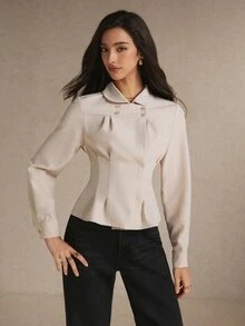 Poéselle Women's Solid Color Double-Breasted Long Sleeve Waist-Cinching Blouse - Apricot - View 6
