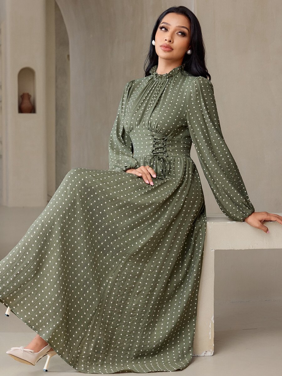 Veilorie Women's French Polka Dot Print Drawstring Tie Ruched Dress - Green - View 1