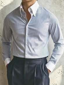 Manfinity Dauomo Men's Striped Long Sleeve Single-Breasted Casual Commute Shirt - Blue and White - View 3