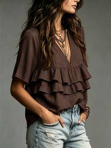 SHEIN Fiorisel Women's Casual Vacation Style V-Neck Ruffle Hem Fashion Blouse - Brown - View 4