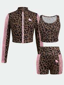 SHEIN Tween Girl Tween Girl Black White Polka Dots Print Mock Neck Zip-Up Jacket Camisole & Bike Shorts 3Pcs Set - Brown - View 3