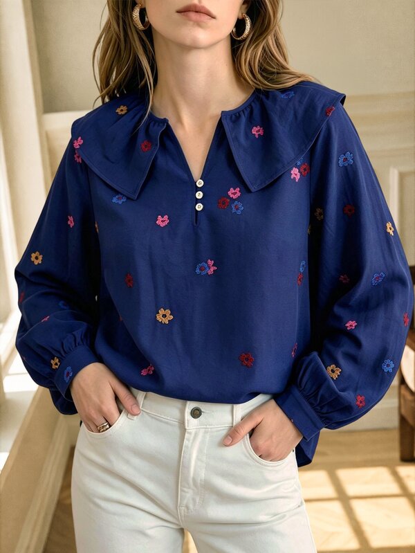 Écloséra Women's Spring/Autumn Elegant V-Neck Blue Base Colorful Ditsy Floral Long Sleeve Blouse For Outings, Dates And Commuting