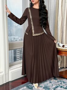 Feyla Women's Elegant Long Dress With Patchwork Sequin Trim And Pleated Hem - Coffee - View 1