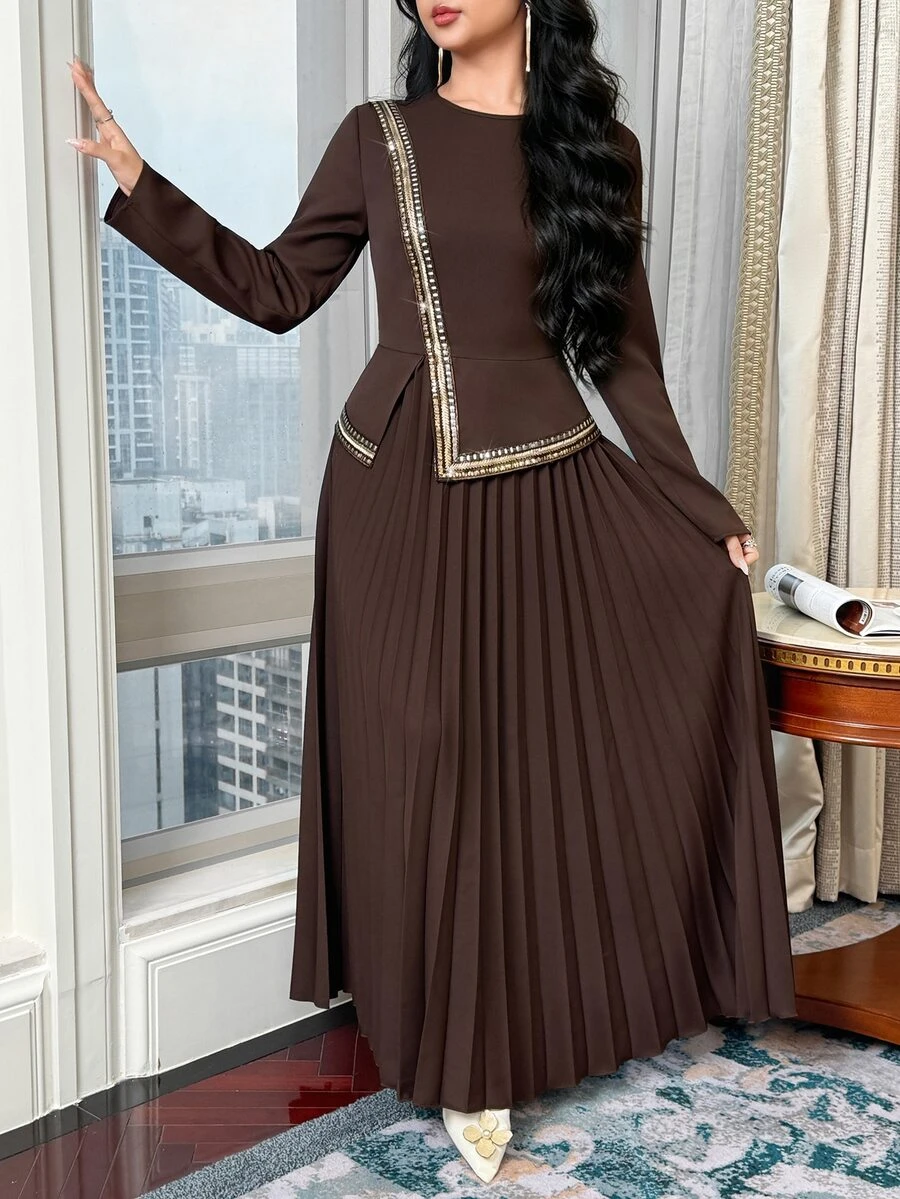 Feyla Women's Elegant Long Dress With Patchwork Sequin Trim And Pleated Hem - Coffee - View 1