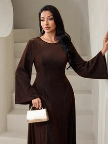 Veilorie Women's Elegant Bell Sleeve Arabian Dress - Coffee Brown - View 5