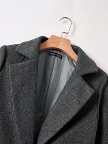 SHEIN EZwear 女款格紋羊毛大衣，內裡字母圖案，秋冬款 - 深灰色 - 查看 3