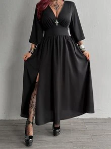 Whyspr Gaun Panjang Lengan 3/4 Kasual Leher V Modis untuk Wanita, Cocok untuk Halloween - Hitam - View 3