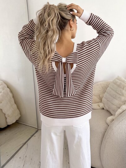 Easowa Women's Crew Neck Back Tie Bow Contrast Trim Pullover Sweatshirt, Striped Textured Fabric, Casual Relaxed Elegant Commuter Old Money Style, Autumn/Winter