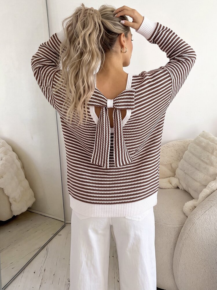 Easowa Sweatshirt Pullover Wanita Kerah Bulat dengan Pita di Belakang dan Trim Kontras, Kain Bertekstur Garis-garis, Gaya Kasual Santai Elegan untuk Komuter, Gaya Klasik, Musim Gugur/Dingin - MultiWarna - View 1