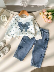 SHEIN 2件組幼女運動衫長褲套裝，可愛甜美白色亮片蝴蝶結貼花，長袖圓領，標準版型，生日秋季公主風嬰兒藍彈性腰頭 - 彩色 - 查看 4