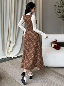 DAZY Slim Fit Flattering Plaid Wool Blend Mid-Length Dress For Women - Coffee Brown - View 2