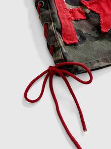 ROMWE Street Life Plus Size Street Retro Red Contrast Color English Letter Camouflage Women's Denim Skirt - Multicolor - View 4