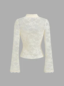 Sweetra New Lace Chinese Style Bell Sleeve Blouse, Small Stand Collar, Elegant And Sweet, Suitable For Casual Outfits - Apricot - View 2