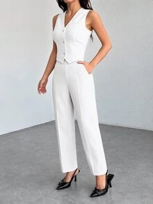SHEIN PETITE 休閒無袖開襟背心與寬鬆長褲套裝，適合秋冬穿著 - 白色 - 查看 5