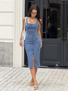 Rivivi Gaun Denim Stretch Slim Fit Ukuran Plus - Medium Wash - View 6