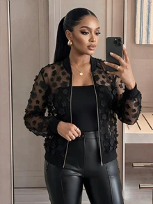 SHEIN Lady Plus Size Autumn Fashion 3D Floral Decor Mesh Jacket - Black - View 5