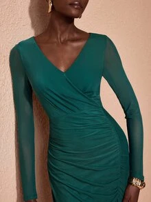 JIAN LASALA Gaun Midi Lengan Panjang Jala dengan Detail Kerut dan Tumpang Tindih, Elegan untuk Liburan dan Pesta - Dark Green - View 7