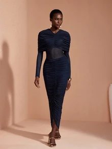 JIAN LASALA Navy Mesh Long Sleeve Ruched V Neckline Long Dress Vacation Party Elegant - Navy Blue - View 3
