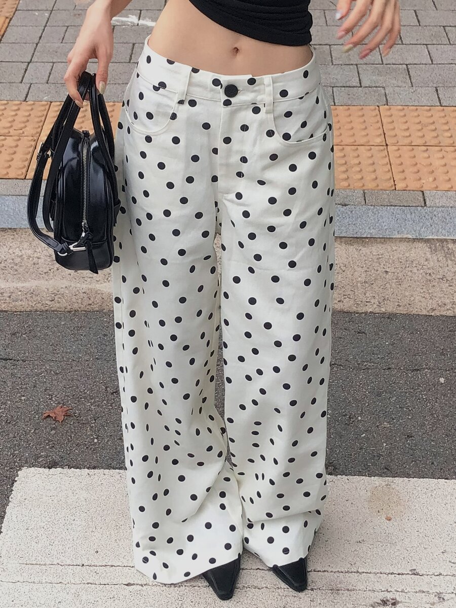 DAZY Polka Dot Loose Wide Leg Pants Casual Street Vacation Autumn Winter Long Jeans For Women - White - View 1