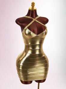 Amplova Women's Metallic Fabric Sexy Mini Dress - Gold - View 7
