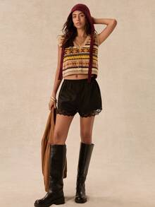 Easelle Vintage Bohemian Lace-Up Pattern Women's Knitted Top - Multicolor - View 3