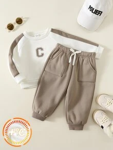 SHEIN 男女嬰兒/幼兒 2件組秋冬保暖內裡加厚拼色運動衫套裝，嬰兒冬季套裝/衣服，運動服，聖誕 - 摩卡棕 - 查看 2