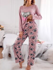 SweetSlumber Cute Koala Girl Autumn Long Sleeve Long Pants Women's Pajama Set - Dusty Pink - View 4