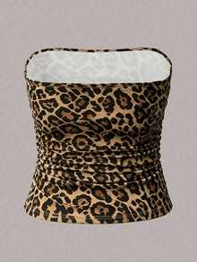 Elenzga Plus Size Women Casual Leopard Pattern Fitted Tube Top - White - View 2