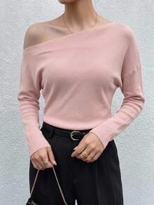 DAZY 純色修身船領長袖休閒優雅韓風秋冬女款針織上衣 - 粉色 - 查看 8