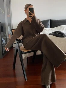 DAZY Autumn/Winter Women's Loose Knit Sweater & Wide Leg Straight Pants Two Pieces Set, Deep Coffee Color, Casual Daily Commute - Coffee Brown - View 6