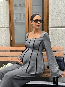 MaterniWear Maternity Square Neck Long Sleeve Shirt And Adjustable Waist Long Pants Casual 2 Pieces Set - Grey - View 5