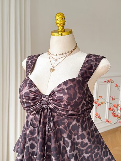 CovetEZ Plus Size Women's Casual Brown Leopard Print Stretch Top, Suitable For Daily Wear