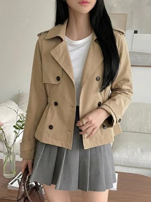 DAZY 女款純色雙排扣長袖休閒風衣外套，秋冬款 - 卡其色 - 查看 5