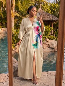 SHEIN Lady CURVE 大尺碼優雅花卉印花洋裝 - 卡其色 - 查看 7