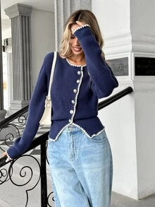 SHEIN PariChic Women's Round Neck Knit Cardigan, Blue & White Color-Block, Asymmetric Front & Metal Buttons, Contrasting Trim For Office & Daily Wear, Fall/Winter - Royal Blue - View 5