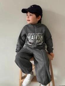 DAZY Baby Boy Slogan Print Zip-Up Jacket And Long Pants Casual Set Fall - Grey - View 6