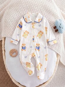 SHEIN 新生兒卡通熊印花單排扣連身衣居家服 - 米色 - 查看 5
