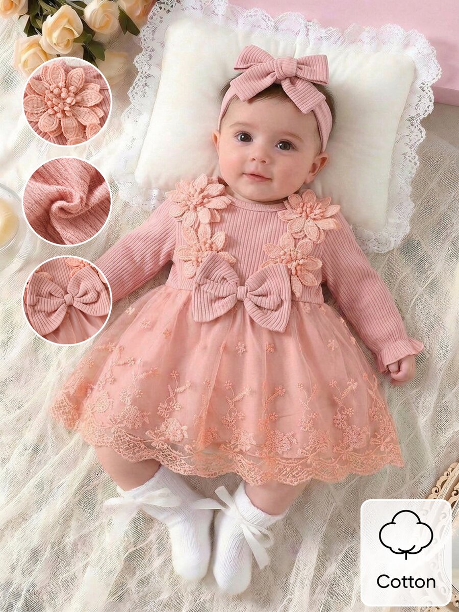 SHEIN 2件組新生女嬰公主風甜美粉色3D花朵蝴蝶結蕾絲網紗長袖派對禮服，秋冬生日洗禮棉質蓬蓬裙洋裝 - 藕粉色 - 查看 1