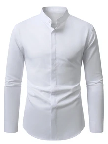 Manfinity Bizformal 休閒商務男士立領紋理斜紋白色長袖襯衫 - 白色 - 查看 6