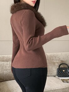 DAZY Women's 2pcs Set Autumn Slim Fit Camisole Tank Top & Long Sleeve Cardigan Sweater In Brown - Coffee Brown - View 2