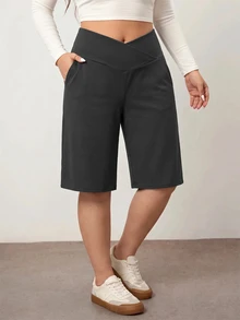 Enliva Plus Size Women's Black Casual Loose 3/4 Pants, Tummy Control V-Waist With Pockets, Suitable For Summer Daily Versatile Wear - Dark Grey - View 6