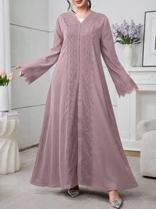 Al Najma 女款長版寬鬆休閒日常蕾絲飾邊黑色晨袍 - 粉色 - 查看 6