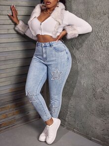 Slaydiva Plus Size Women's High Waist Skinny Cropped Denim Jeans With Star Applique And Ripped Frayed Hem - Medium Wash - View 1