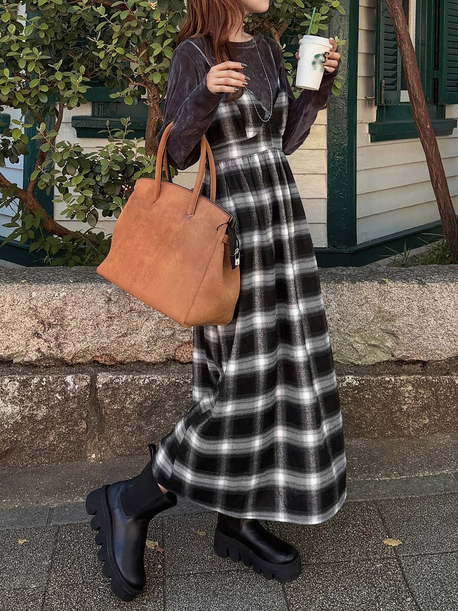 FRIFUL Women's Casual Plaid Spaghetti Strap Midi Dress, Autumn/Winter - Black - View 1