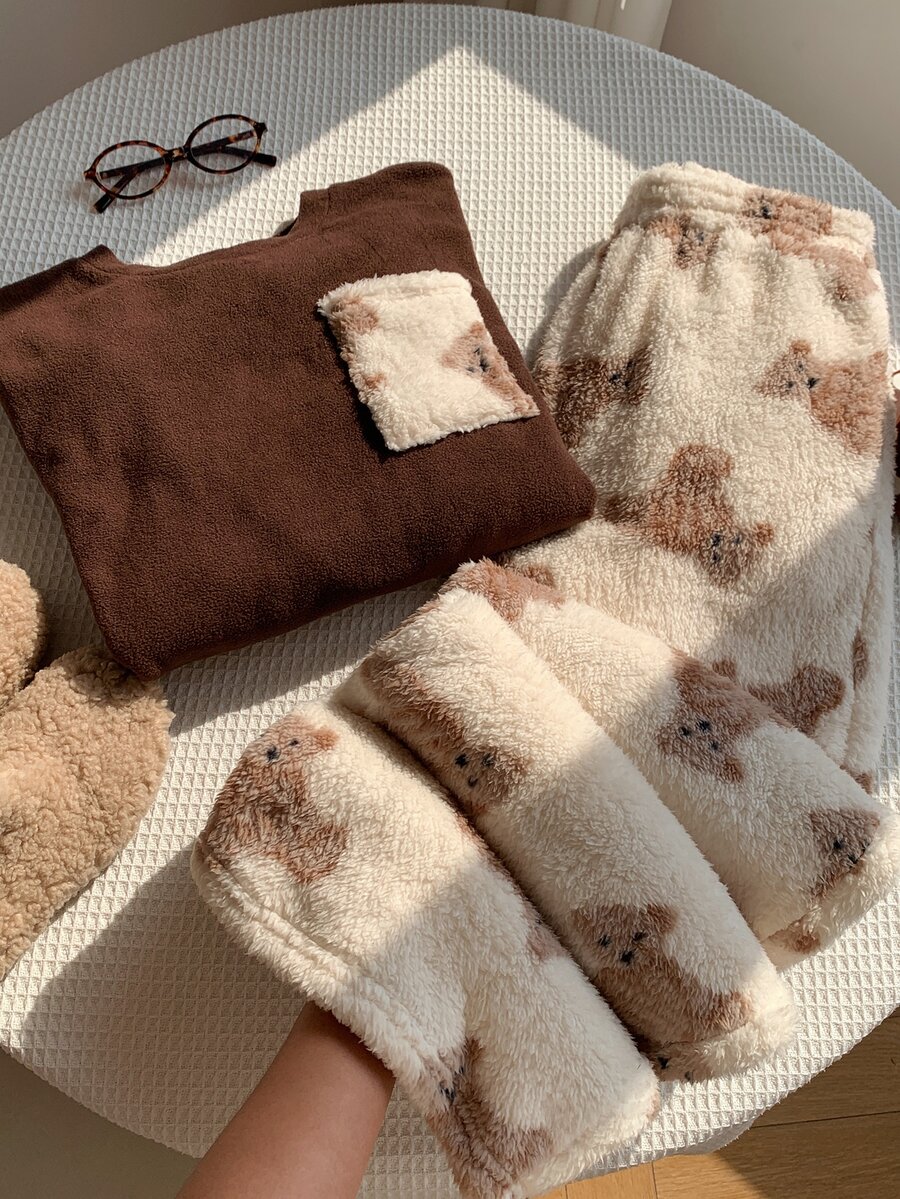 Comfortcana Women's Cartoon Bear Pocket Design Long Sleeve Top And Pants Casual 2 Pieces Set - Multicolor - View 1