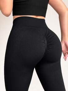SHEIN Rhythm Era Seamless High Elasticity Plus Size Women's Sports Leggings - Black - View 5
