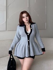 Vibekara Plus Size Women's Autumn/Winter New Colorblock Long Sleeve Single-Breasted Knit Cardigan - Grey - View 3