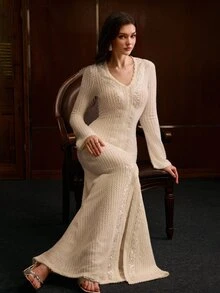 MOTF PREMIUM GAUN PANJANG WANITA MUSIM GUGUR/DINGIN, LEHER V, HIASAN RENDA, LENGAN LONCENG, DAN HEM MODEL PUTRI DUYUNG - Aprikot - View 3