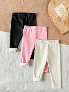 SHEIN Vintaside Kids 女嬰女童休閒針織運動風極簡修身抓絨內裡百搭日常戶外卡其米色印花慢跑運動褲 - 彩色 - 查看 4